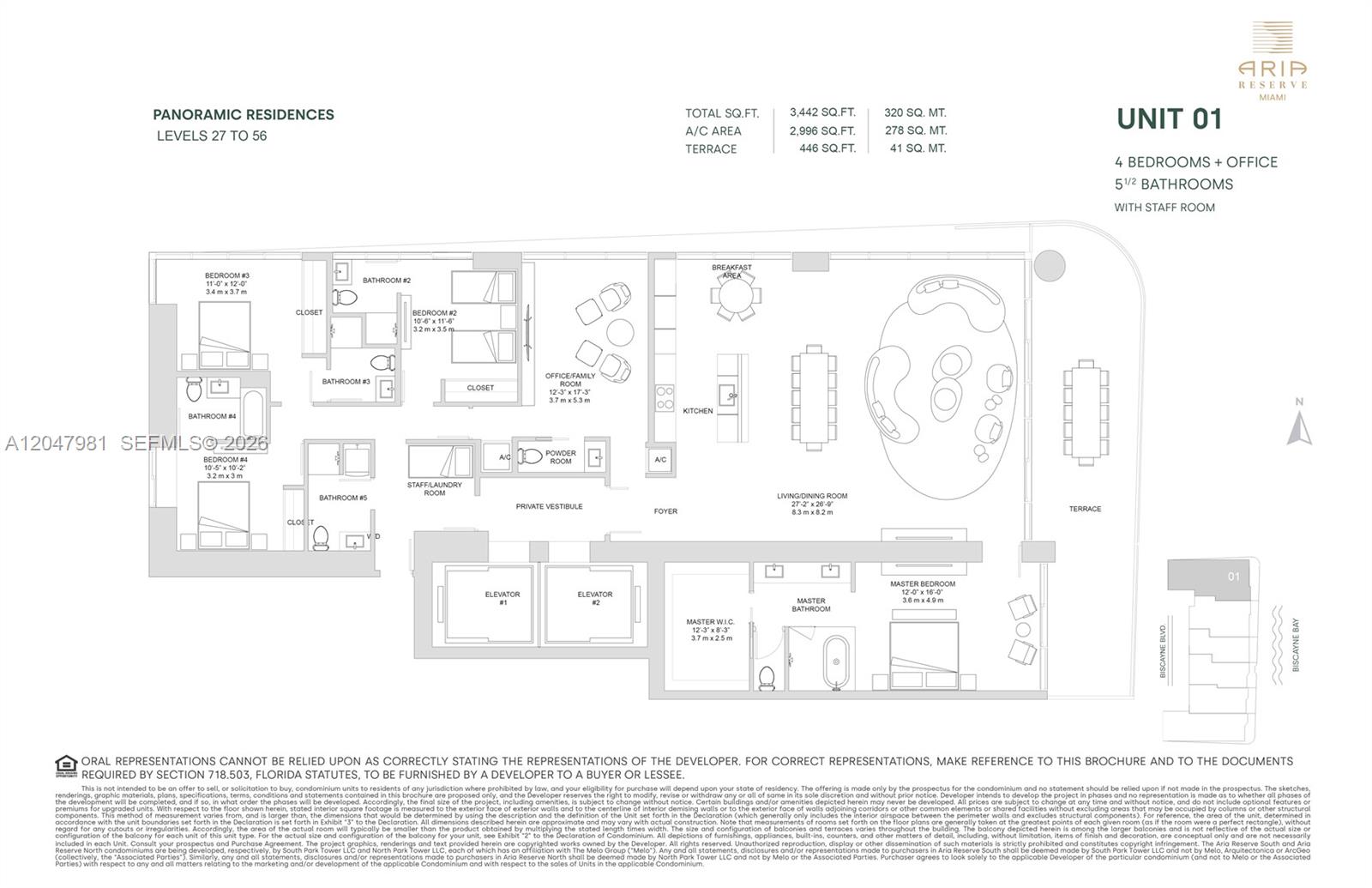 This floor plan shows a four-bedroom unit with an office, staff room, and large terrace — 725 NE 24th St # 3101, Miami FL 33137, MIAMI, FL
