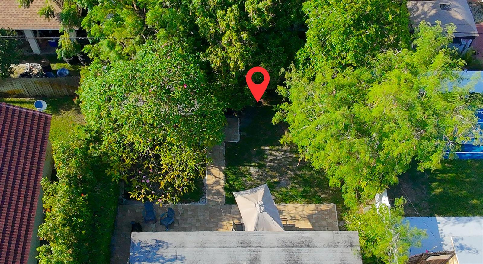 An aerial view of a backyard featuring a stone patio, umbrella, and mature trees — 429 Summa Street, West Palm Beach FL 33405, WEST PALM BEACH, FL