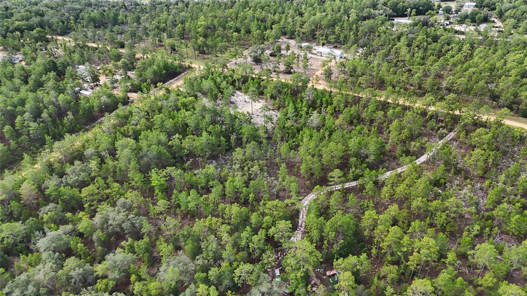 An aerial view shows a wooded lot with a dirt driveway and scattered residential structures — 00 UNASSIGNED LOCATION, HAWTHORNE, FL