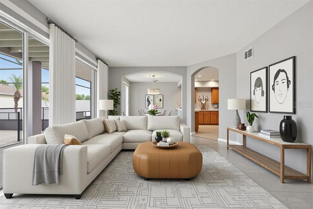 This is a virtual rendering of a living room with a sectional sofa and ottoman — 4317 HICKORY STONE CIRCLE, ORLANDO, FL