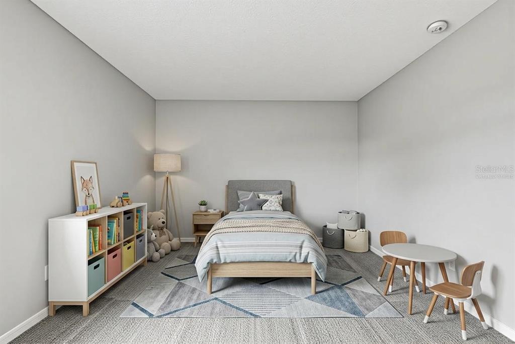 This is a virtually staged bedroom with a single bed, bookshelf, and small table set — 4317 HICKORY STONE CIRCLE, ORLANDO, FL
