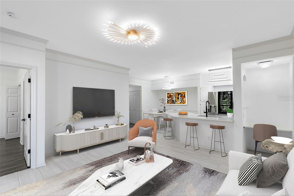 This is a digital rendering of an open-concept living room and kitchen with modern finishes — 6685 QUEENS BOROUGH AVENUE UNIT 202, ORLANDO, FL