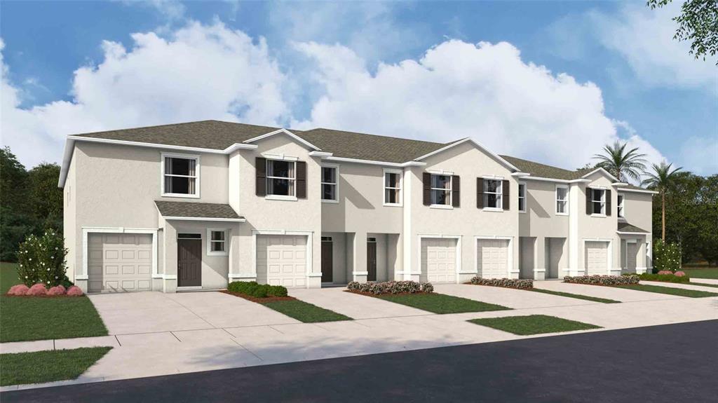 This is a digital rendering of a multi-unit townhouse building with beige stucco exteriors — 31227 PAPER BIRCH STREET, WESLEY CHAPEL, FL
