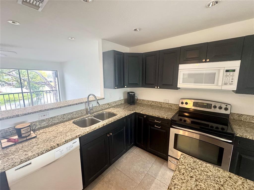 A kitchen features dark cabinets, granite countertops, stainless steel appliances, and a window overlooking water — 9201 TUDOR DRIVE UNIT C212, TAMPA, FL