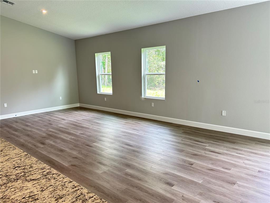 An empty room features gray walls, wood-look flooring, and two windows overlooking a wooded area — 14217 EARLINE ROAD, BROOKSVILLE, FL