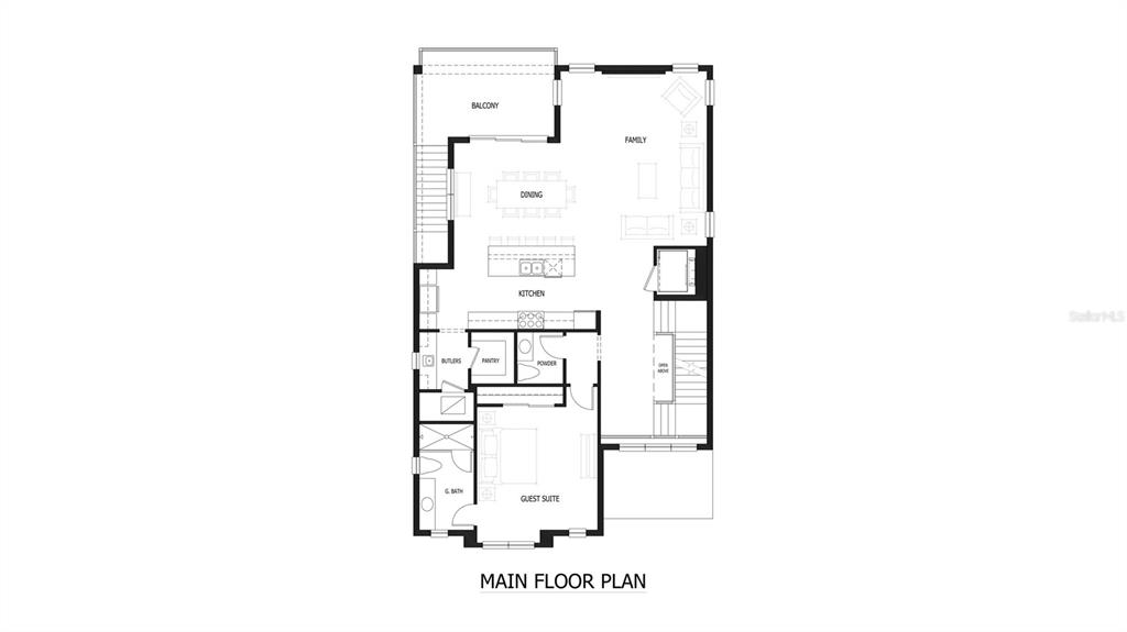 This is a floor plan of a home's main level featuring a kitchen, dining area, family room, and guest suite — 1875 MISSISSIPPI AVENUE NE, ST PETERSBURG, FL