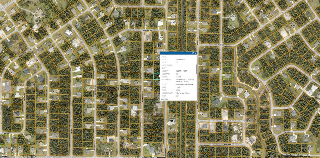 This is a satellite map view showing residential property parcels and streets in North Port, Florida — INVERNESS STREET, NORTH PORT, FL