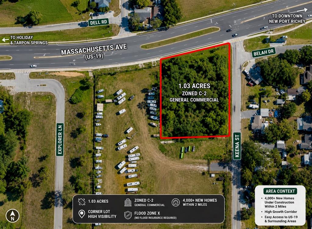 This is an aerial map showing a 1.03-acre commercial lot located at a road intersection — 0 MASSACHUSETTS AVENUE, NEW PORT RICHEY, FL