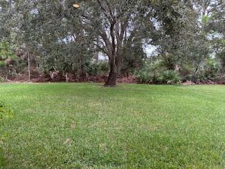 A large, grassy backyard features a prominent tree and dense woods in the background — 6211 Arlington Way, Fort Pierce FL 34951, FORT PIERCE, FL