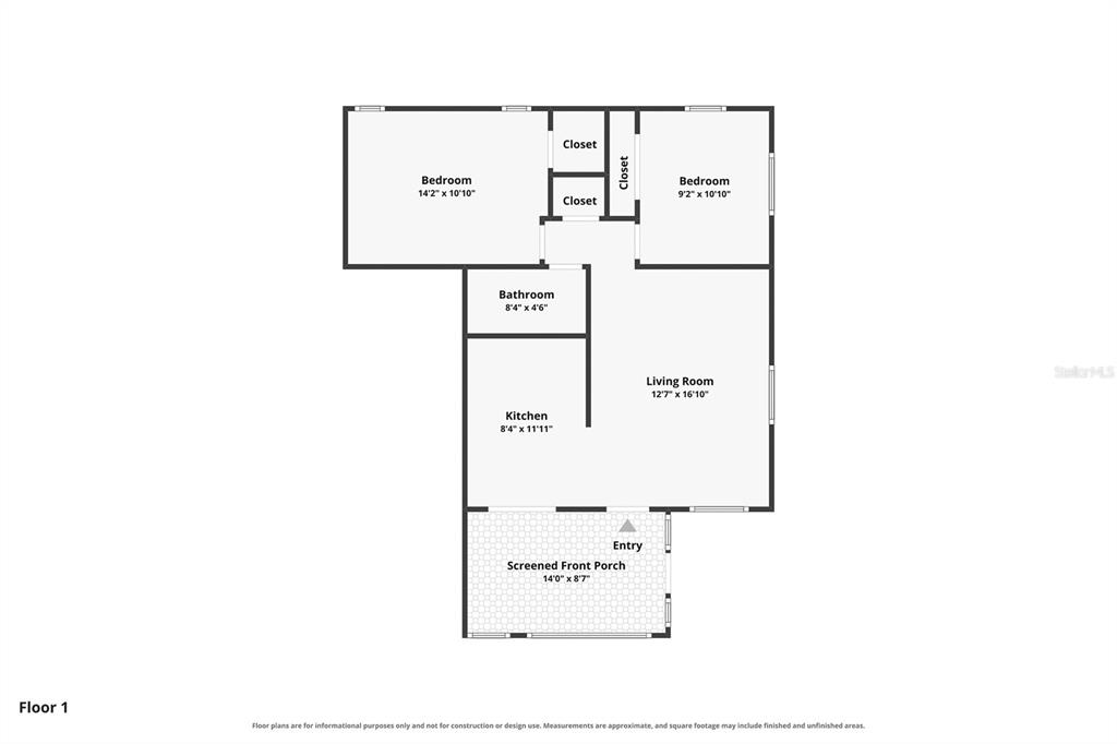 This is a floor plan of a single-story home with two bedrooms and one bathroom — 153 NEW YORK AVENUE, DUNEDIN, FL