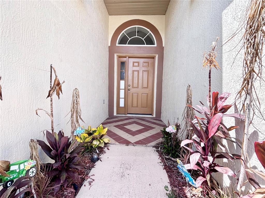 A front entryway features a brown door with a sidelight, arched transom, and tiled porch — 15937 WILKINSON DRIVE, CLERMONT, FL