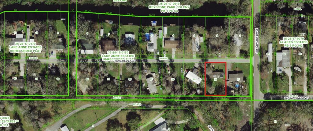 This is an aerial map showing property lot lines and parcel numbers for a residential neighborhood — 14328 CHISHOLM LANE, ODESSA, FL