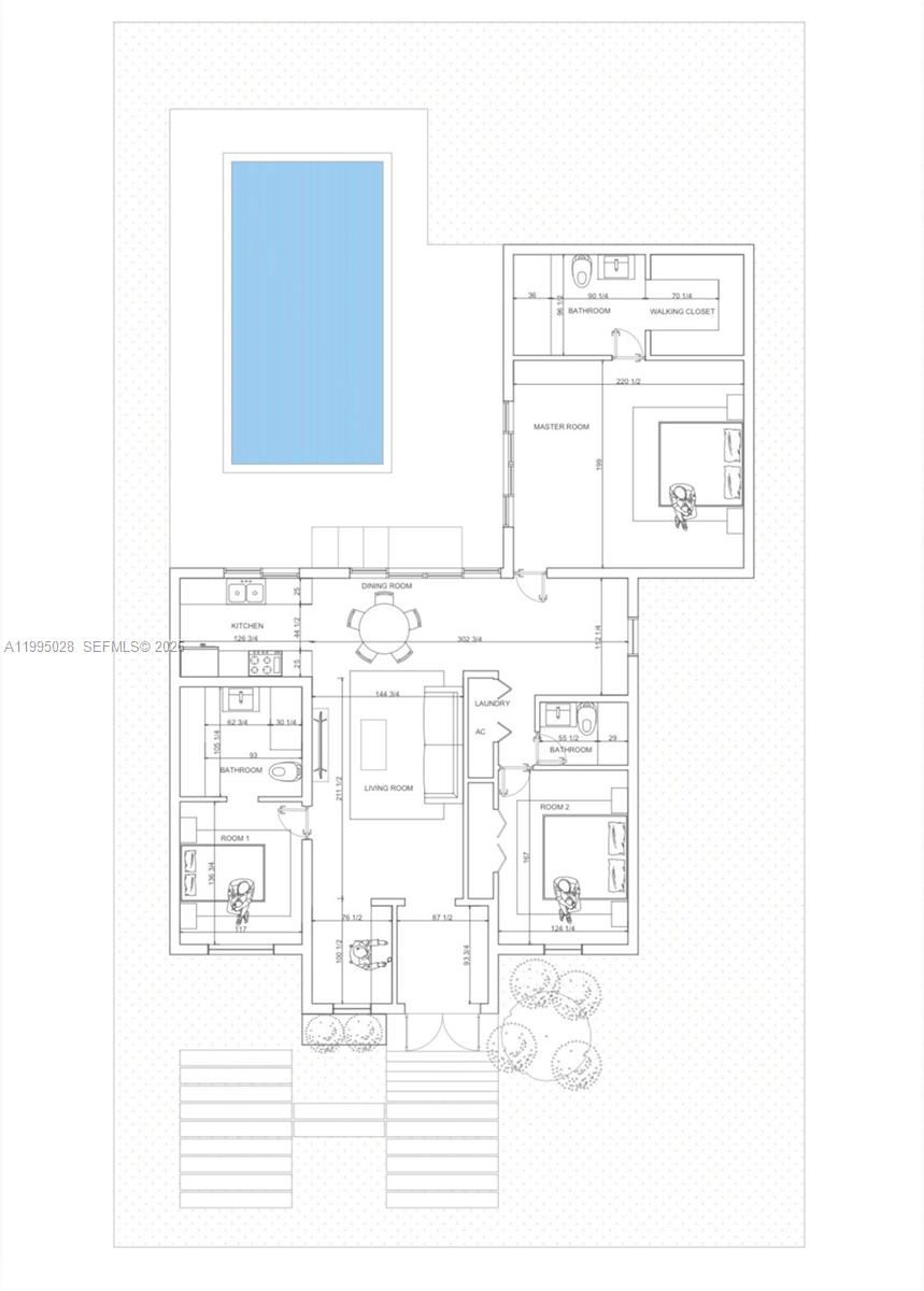 This is a floor plan of a house featuring three bedrooms, a pool, and a kitchen — 2155 SW 25th Ter, Miami FL 33133, MIAMI, FL