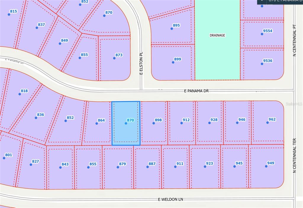 This is a map showing the layout of residential lots along several streets — 870 E PANAMA DRIVE, CITRUS SPRINGS, FL
