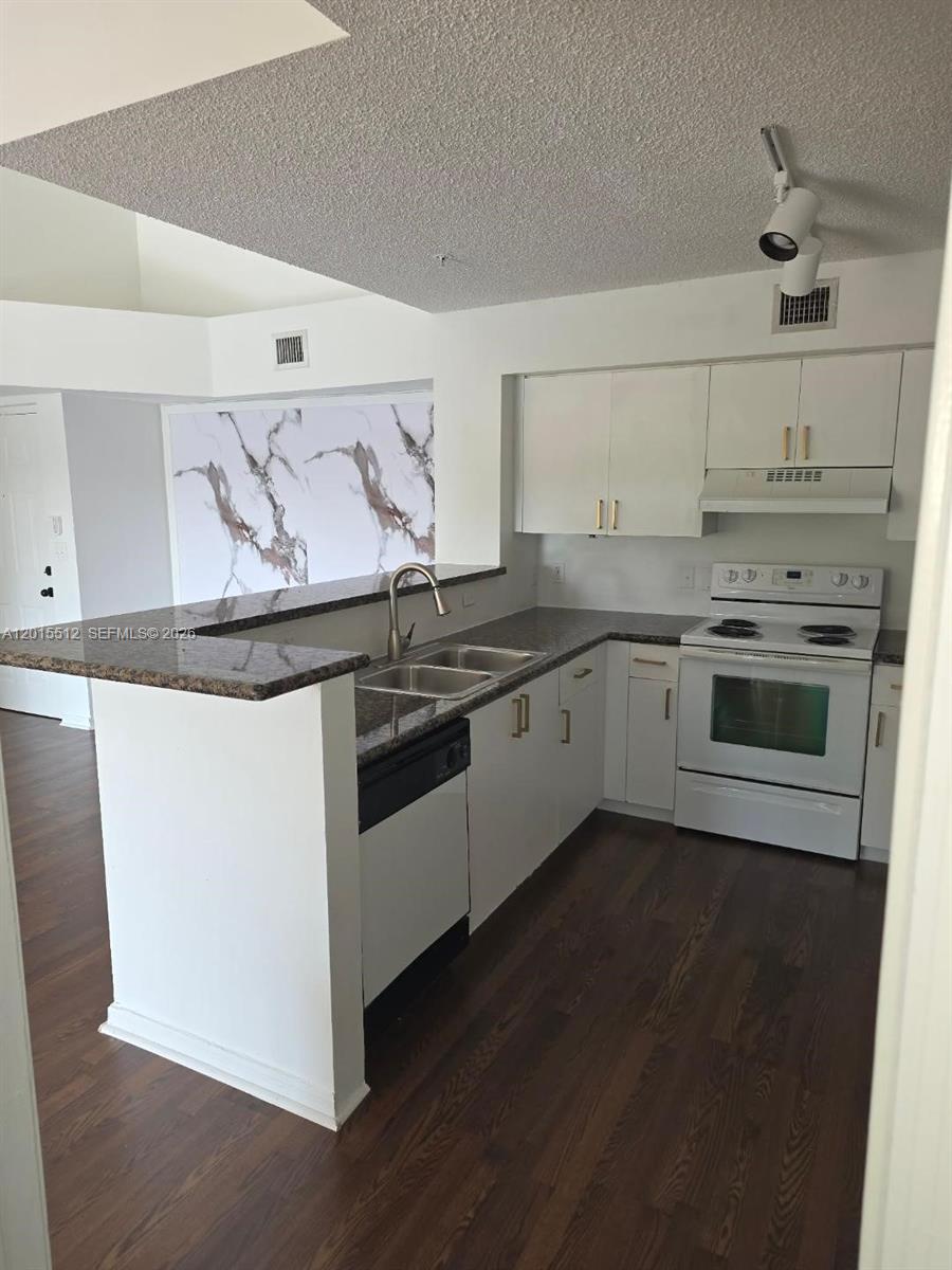 A kitchen features white cabinets, dark granite countertops, stainless steel sink, and wood-look flooring — 12118 Saint Andrews Pl # 304, Miramar FL 33025, MIRAMAR, FL