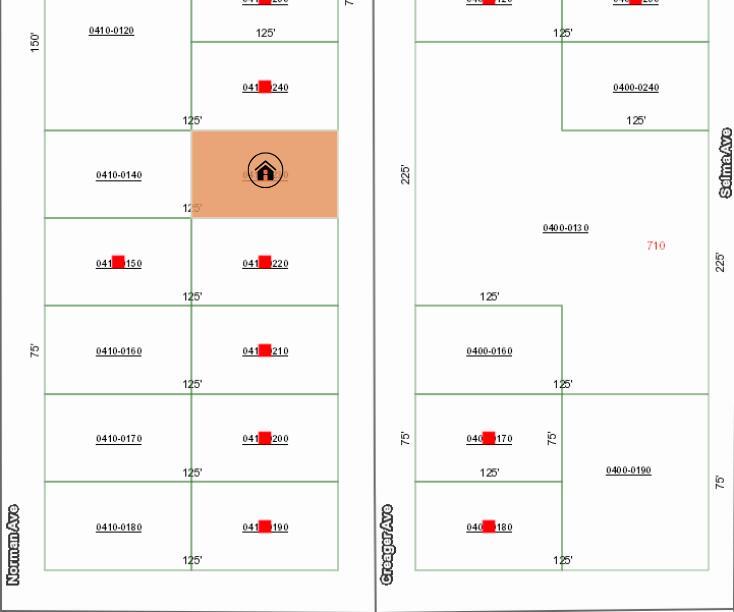 This is a property map showing parcel boundaries and lot dimensions for a residential area — 004 Creager Avenue, FL 32148, FL