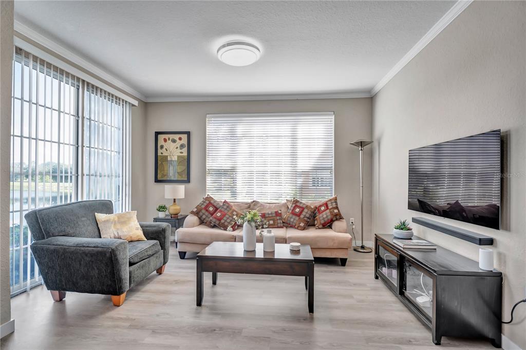 A living room features a beige sofa, armchair, dark wood coffee table, and television — 9834 LAKE CHASE ISLAND WAY UNIT 9834, TAMPA, FL
