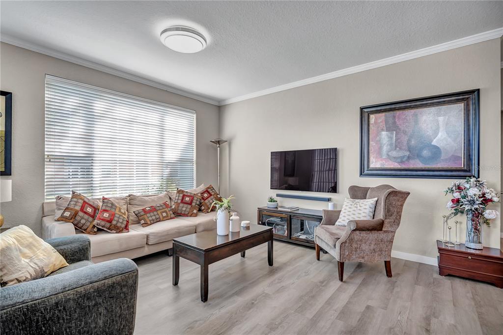 A living room features a beige sofa, an armchair, a coffee table, and a wall-mounted television — 9834 LAKE CHASE ISLAND WAY UNIT 9834, TAMPA, FL