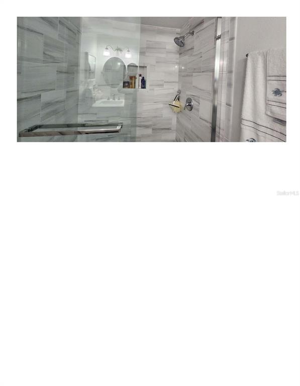 A walk-in shower features light-colored marble-look tile, a glass door, and a built-in niche — 16009 BALLICA DRIVE, TAMPA, FL