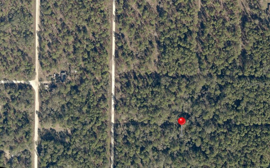 An aerial view shows a red map pin marking a wooded lot next to dirt roads — SW 22ND STREET, OCALA, FL