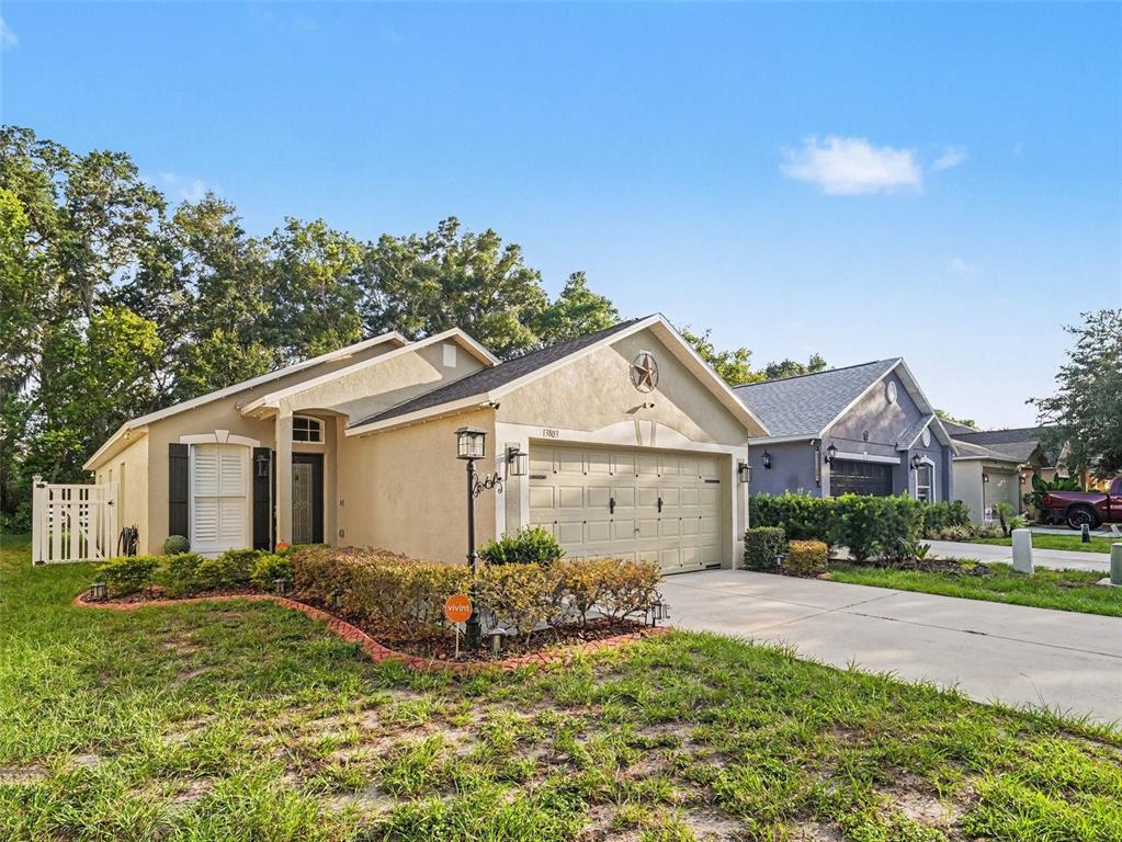 A single-story suburban house with a tan stucco exterior, a two-car garage, and landscaping — 13803 GENTLE WOODS AVENUE, RIVERVIEW, FL