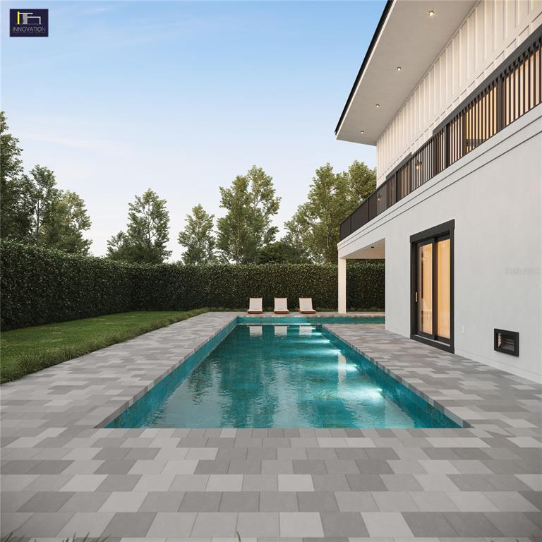 This architectural rendering shows a modern house exterior with a rectangular swimming pool and patio — 2560 BAYBREEZE STREET, ST JAMES CITY, FL