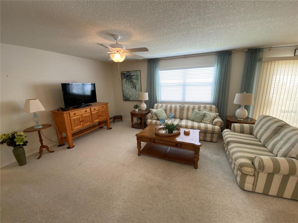 A living room features striped sofas, a wooden coffee table, a media console, and carpeting — 1672 DURAN DRIVE, THE VILLAGES, FL