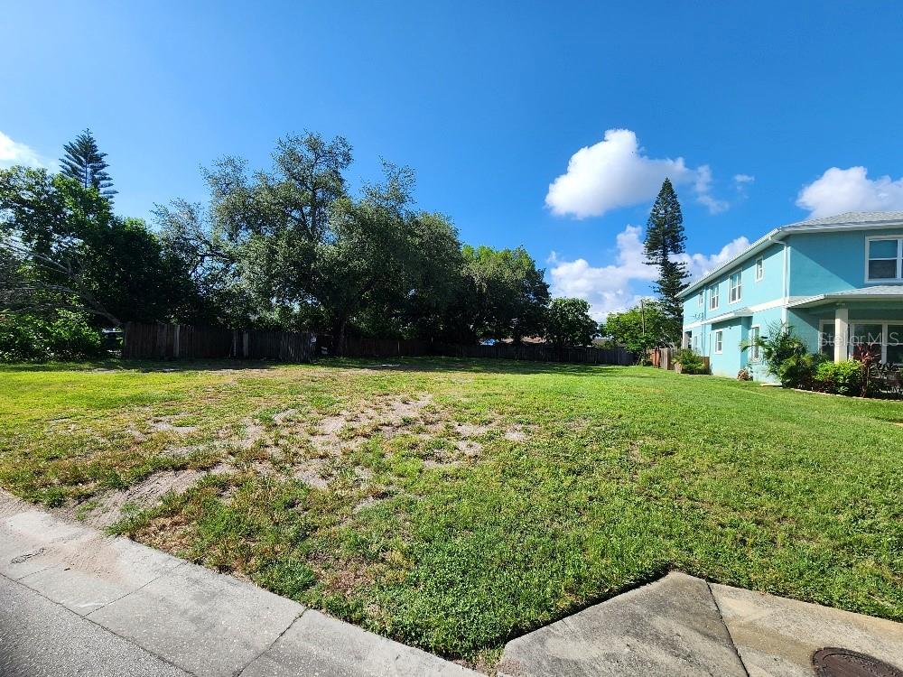 A blue two-story house sits next to a large, grassy vacant lot — 24TH AVENUE N, ST PETERSBURG, FL