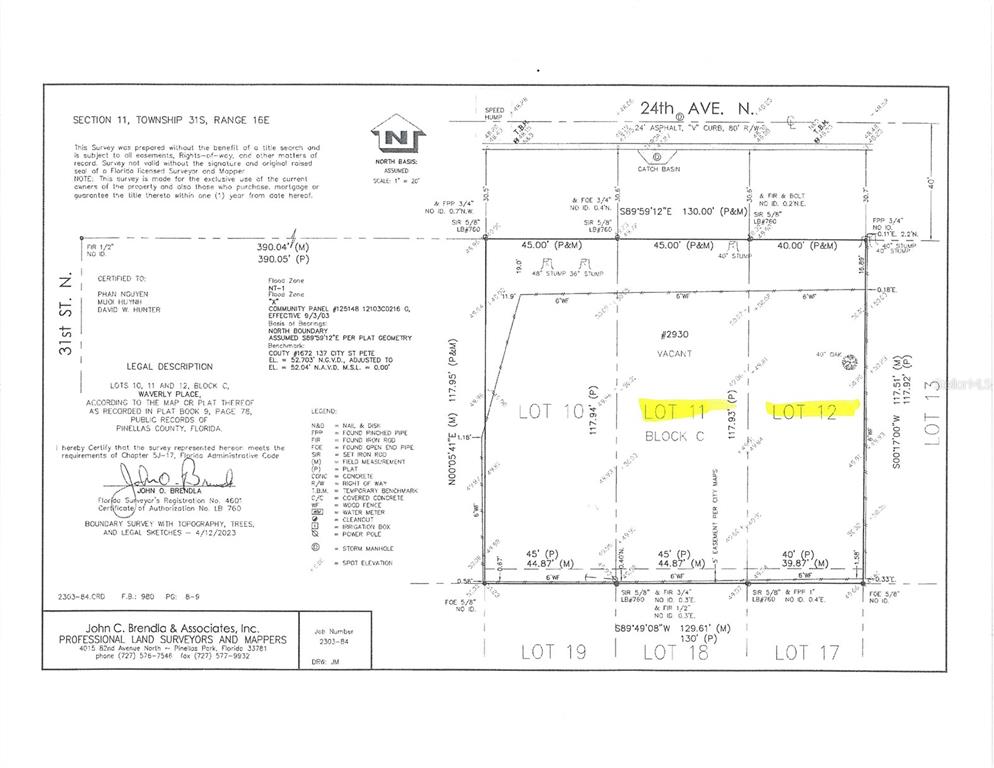 This is a land survey map showing the property boundaries and dimensions for Lot 12 — 24TH AVENUE N, ST PETERSBURG, FL