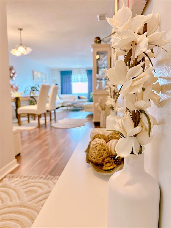 A view from a hallway looking into a living and dining area with wood flooring — 5357 81ST STREET N UNIT 15, ST PETERSBURG, FL