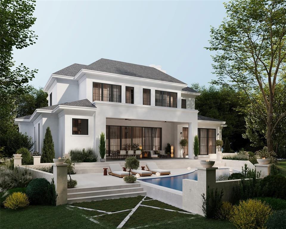 This is a rendering of a two-story white house with a pool and patio — 40 PALMER AVENUE, WINTER PARK, FL