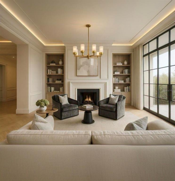 This is a rendering of a living room featuring a fireplace, built-in shelves, and armchairs — 40 PALMER AVENUE, WINTER PARK, FL