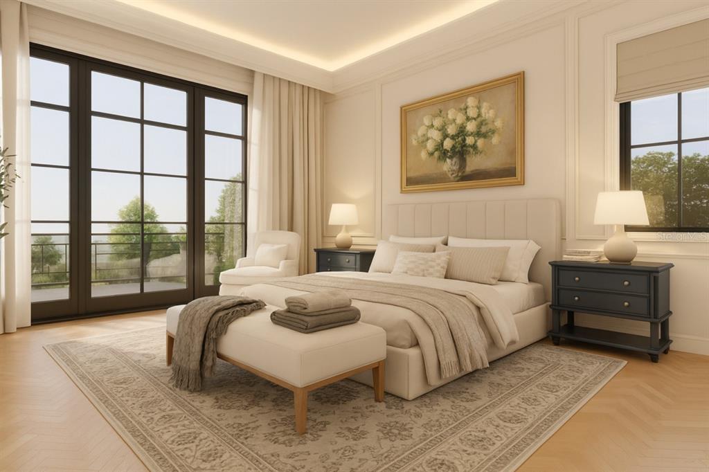 This is a rendering of a bedroom with a king bed, nightstands, and balcony doors — 40 PALMER AVENUE, WINTER PARK, FL