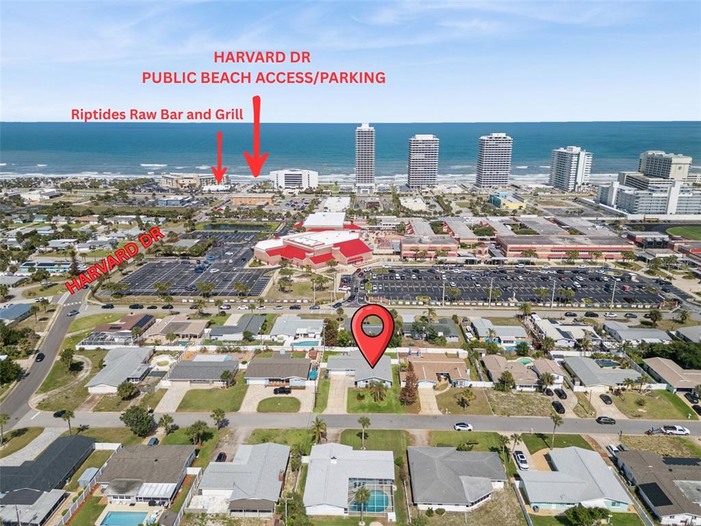 This aerial view shows a residential neighborhood near a beach with labeled landmarks — 3050 PRINCETON AVENUE, DAYTONA BEACH, FL