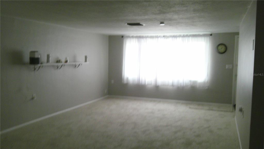 An empty room with beige carpet, light gray walls, a large window, and wall shelving — 1203 CHANCELLOR DRIVE, HOLIDAY, FL
