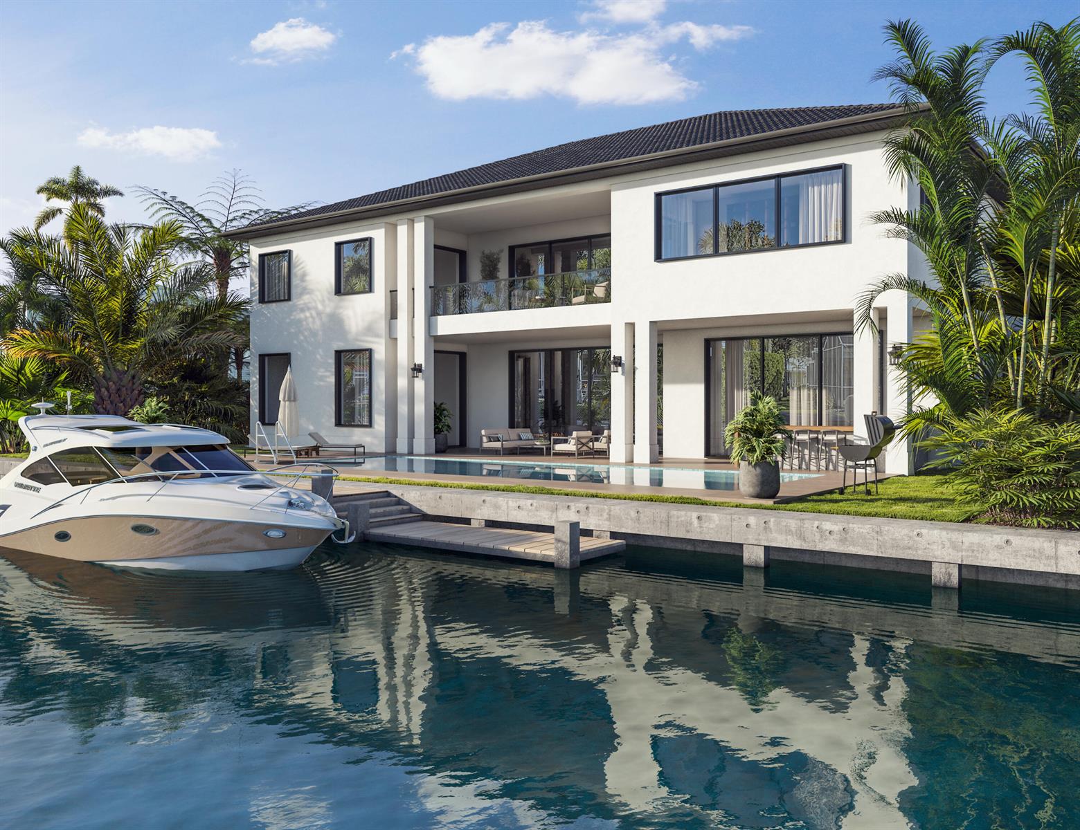 A rendering of a two-story white house with a pool, dock, and boat on water — 939 Eve Street, Delray Beach FL 33483, DELRAY BEACH, FL