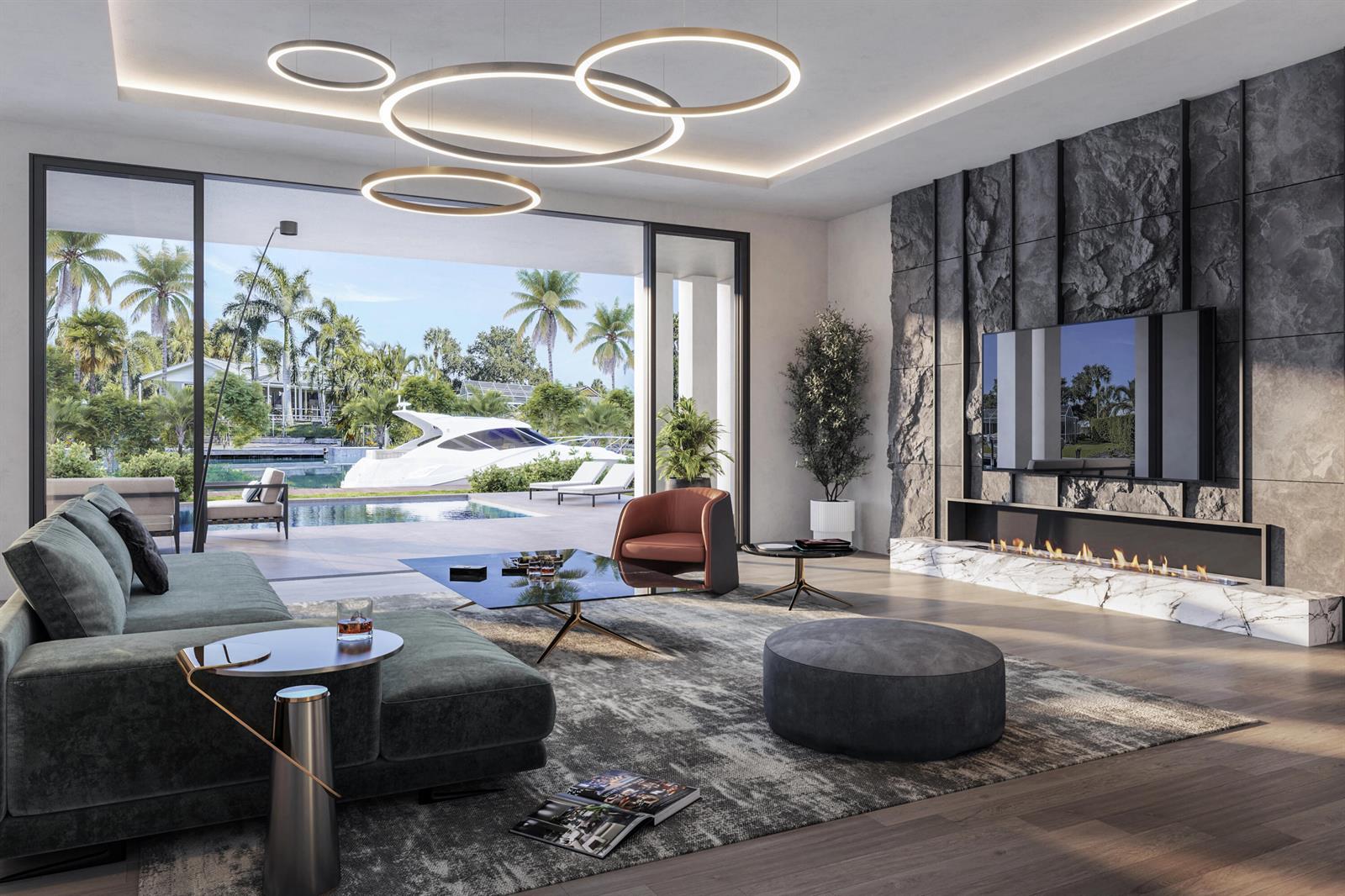 This rendering shows a modern living room with a stone fireplace, pool, and yacht view — 939 Eve Street, Delray Beach FL 33483, DELRAY BEACH, FL