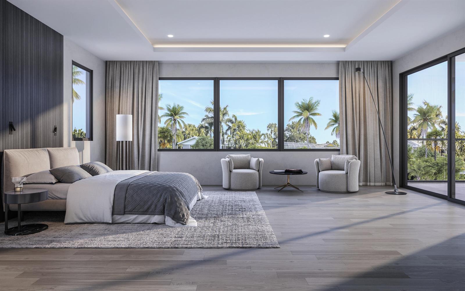 This rendering shows a modern bedroom with a king bed, seating area, and large windows — 939 Eve Street, Delray Beach FL 33483, DELRAY BEACH, FL
