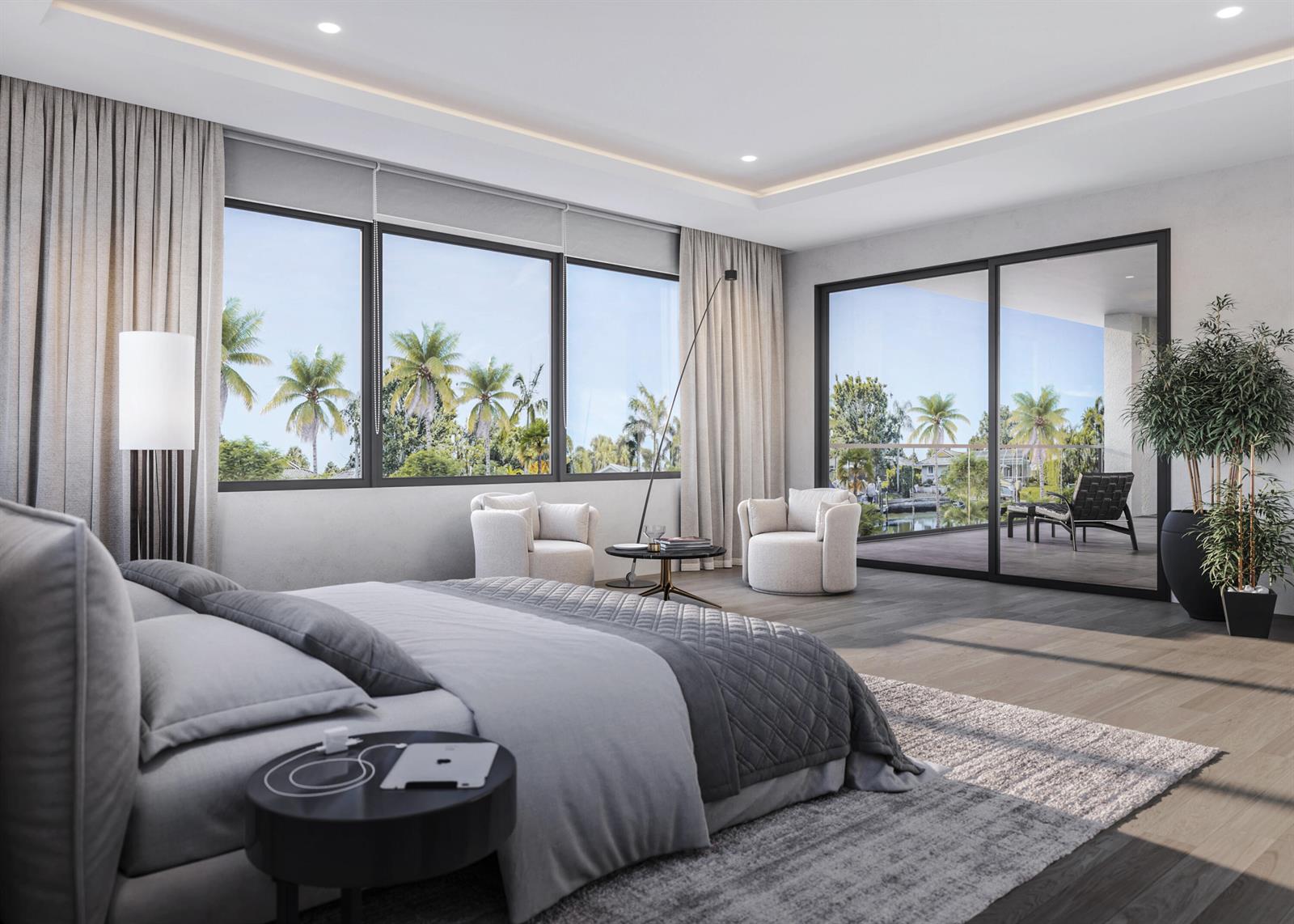 This rendering shows a modern bedroom with a large bed, seating area, and balcony access — 939 Eve Street, Delray Beach FL 33483, DELRAY BEACH, FL