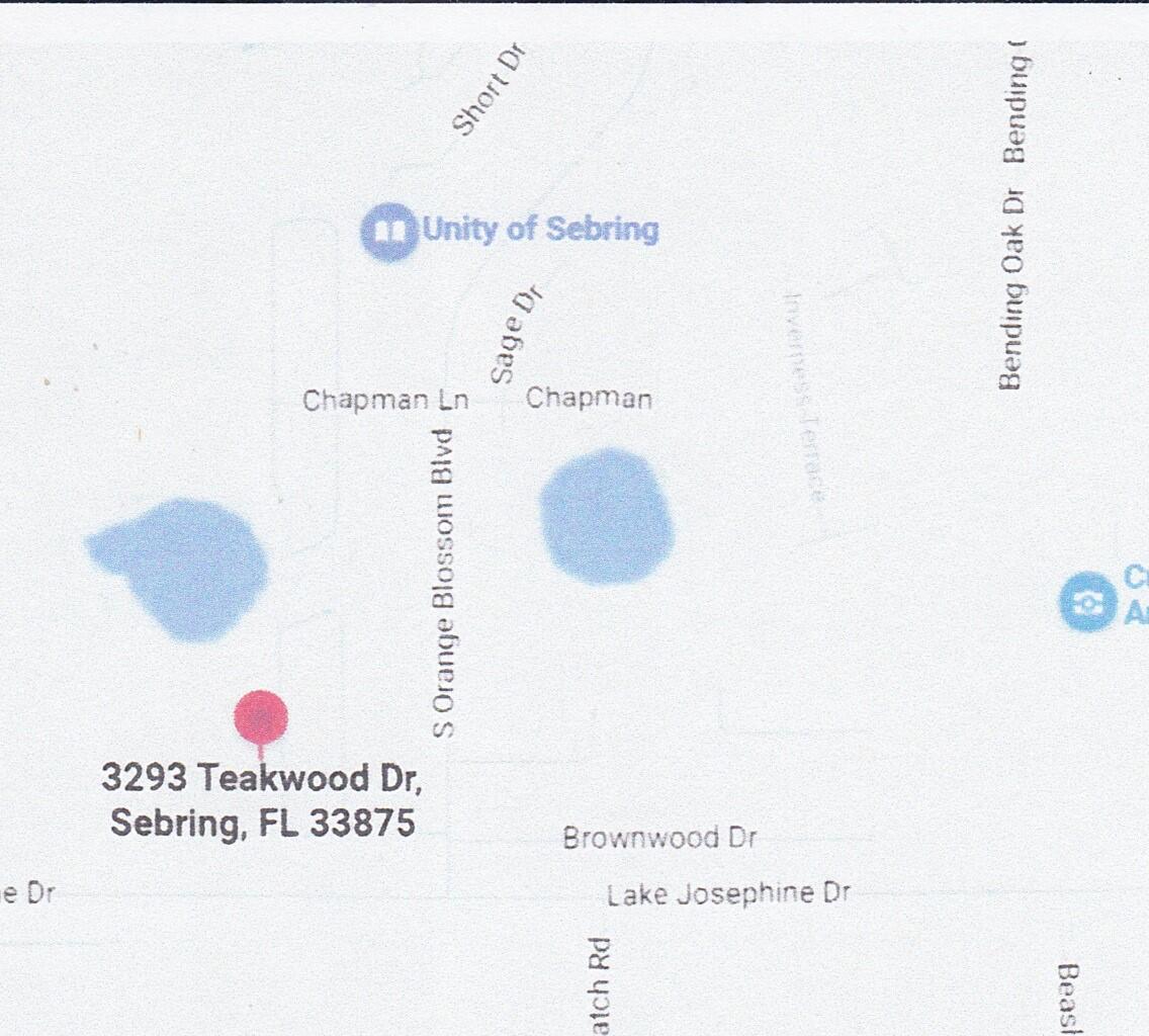 This is a map showing the location of a property in Sebring, Florida — 3293 Teakwood Drive, Sebring FL 33875, SEBRING, FL