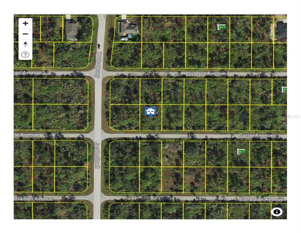 This is a map showing a residential area with multiple vacant lots and one house icon — 14012 CARRIE AVENUE, PORT CHARLOTTE, FL
