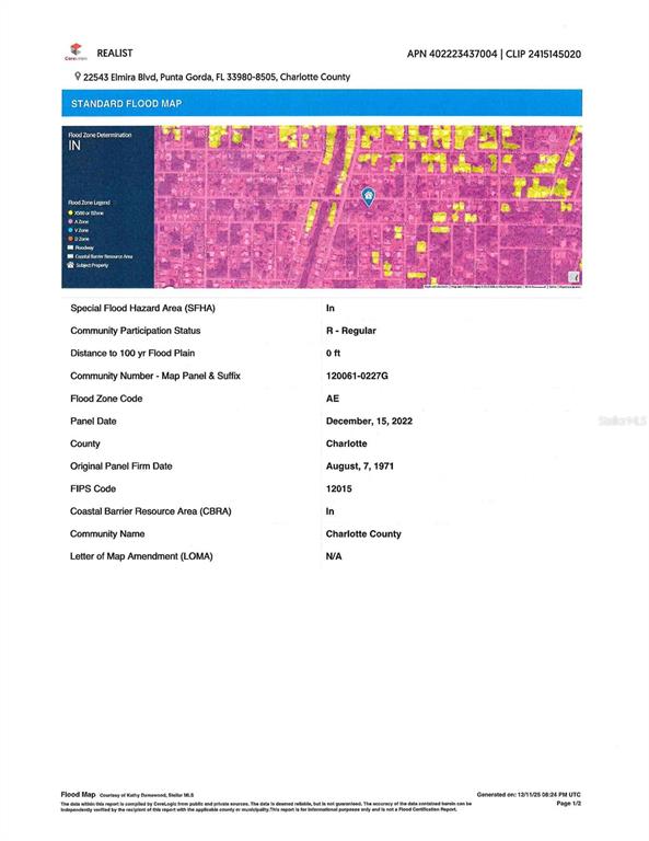 This is a flood map showing the property location within a designated flood zone — 22543 ELMIRA BOULEVARD, PORT CHARLOTTE, FL