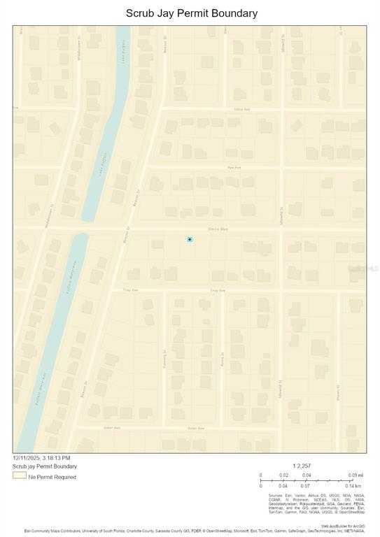 This map shows a property location within a Scrub Jay permit boundary area — 22543 ELMIRA BOULEVARD, PORT CHARLOTTE, FL