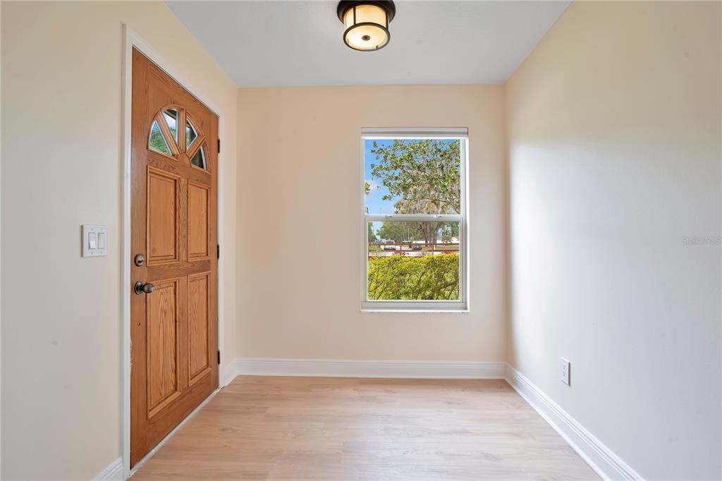 An entryway features light wood-look flooring, a wooden front door, and a single window — 1401 BUELL COURT, PLANT CITY, FL