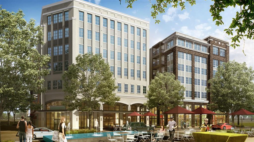 This architectural rendering shows two modern multi-story buildings with retail storefronts and an outdoor plaza — 733 MAIN LANE UNIT 2, ORLANDO, FL