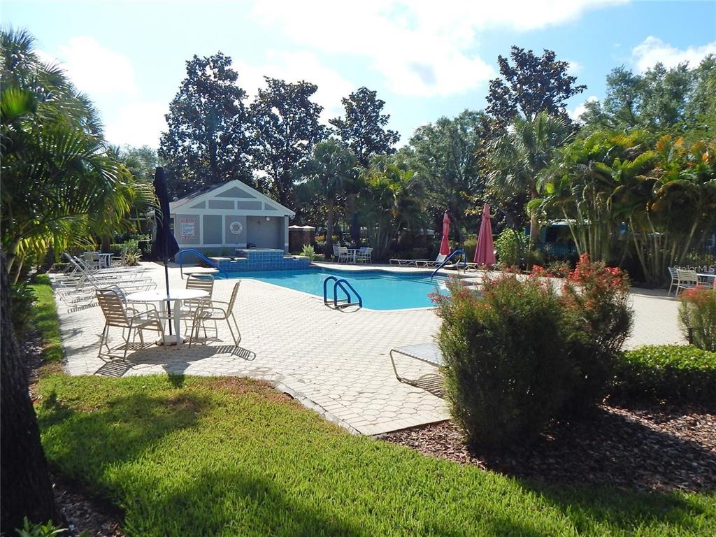 A swimming pool with a patio, lounge chairs, and a small building in a park — 5925 SANDHILL RIDGE DRIVE, LITHIA, FL