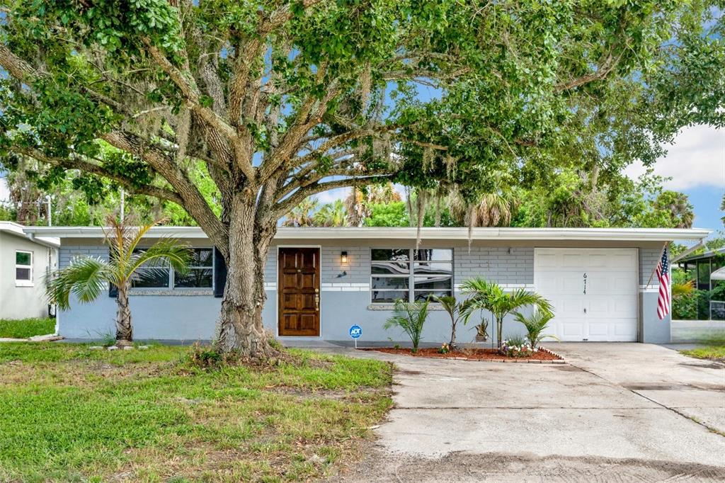 A single-story gray house with a white garage, a wooden front door, and a large tree — 6714 SANDRA DRIVE, PORT RICHEY, FL