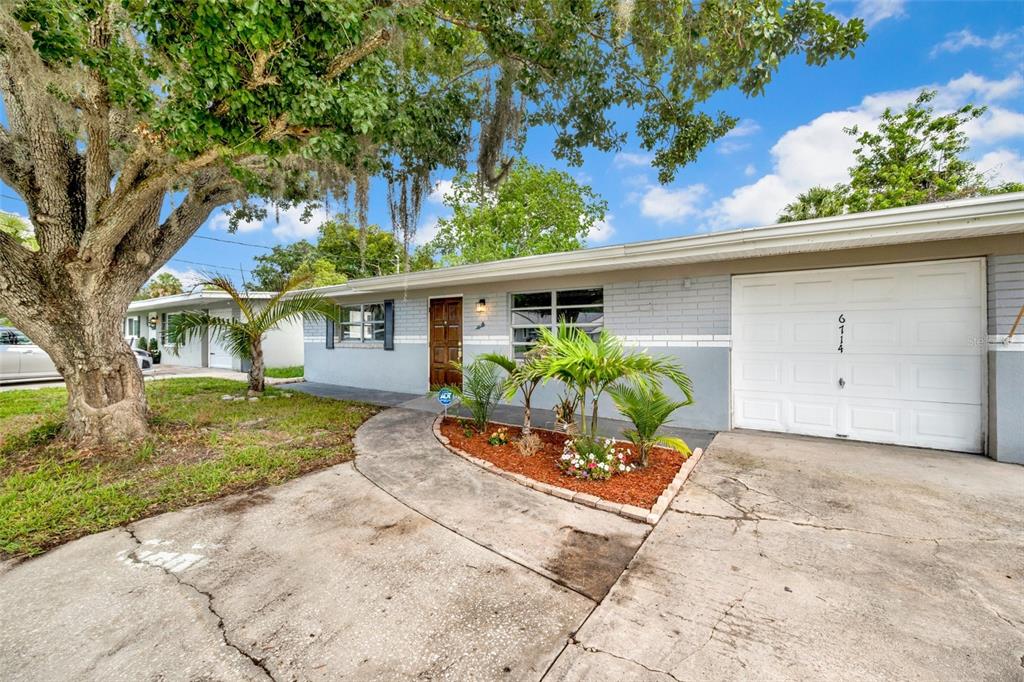 A single-story house with a gray brick exterior, a concrete driveway, and a large tree — 6714 SANDRA DRIVE, PORT RICHEY, FL