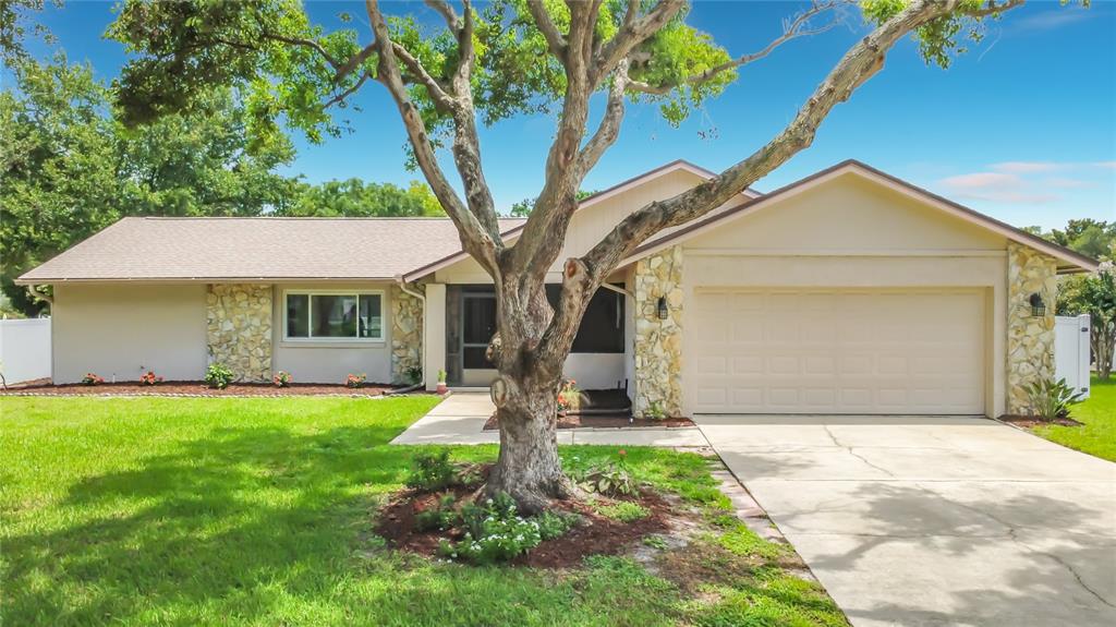 A single-story house with a stone-accented facade, a two-car garage, and a large front tree — 8654 ALEGRE CIRCLE, ORLANDO, FL