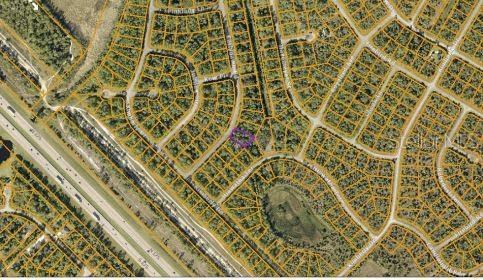 This is an aerial map showing a vacant lot outlined in purple within a residential neighborhood — EARLYDAWN ROAD, NORTH PORT, FL